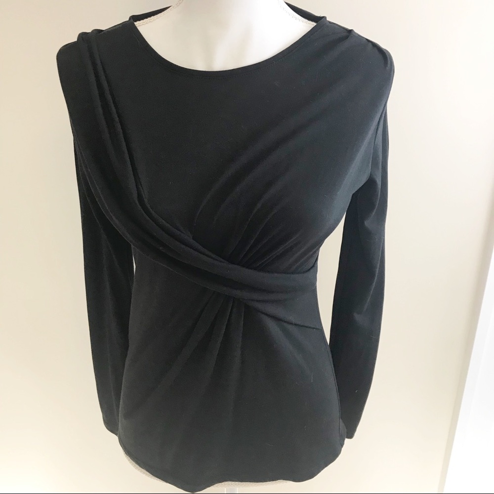 Ann Taylor Black Fitted Faux Wrap Twist Shirt, Med